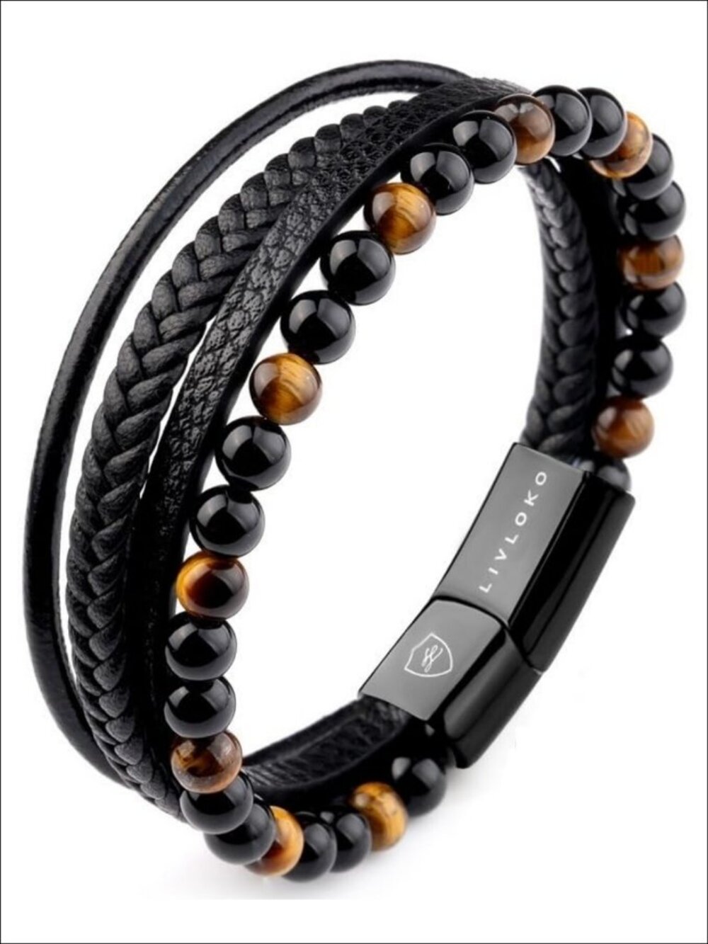 Mens Leather Bracelet Multi-Layer Stone Beads Adjustable Stainless Steel Clasp